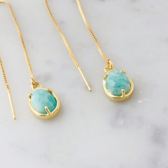 Gold Plated Green Amazonite Egg Shape Threader Earrings - Picture 4 of 7